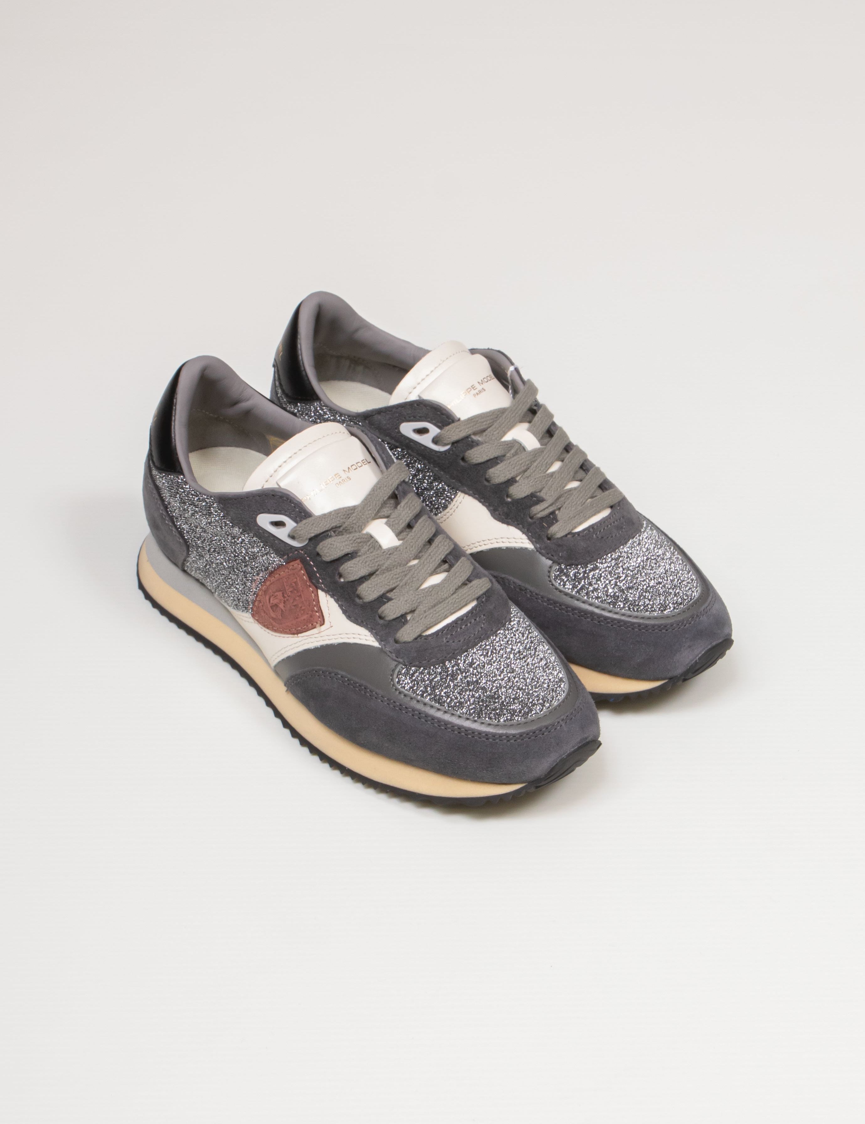 PHILIPPE MODEL SNEAKER BLVILLE LOW GR05 GLITTER RESAU ARGENT NOIR
