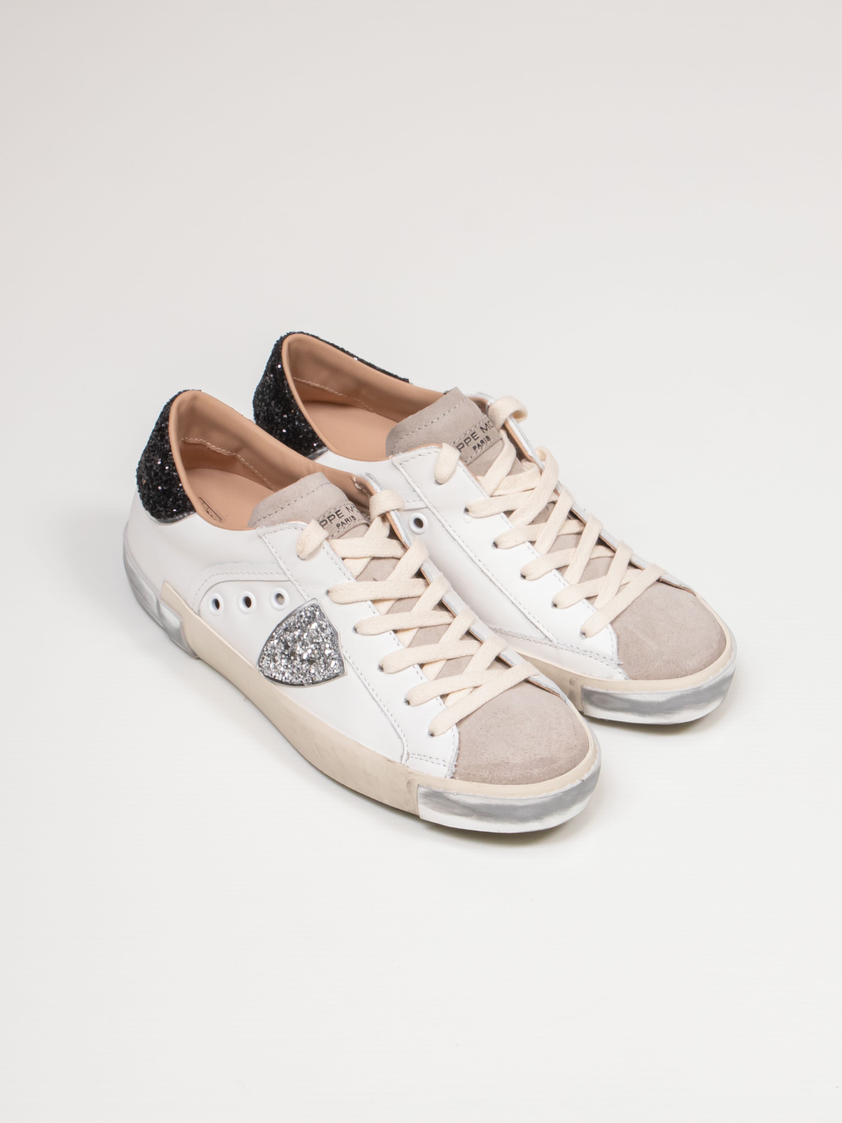 PHILIPPE MODEL SNEAKER PRSX LOW VG09 VEAU GLITTER BLANC NOIR