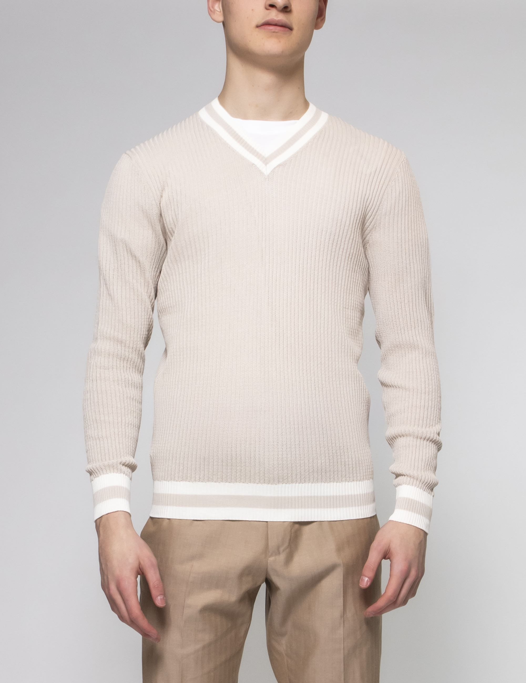 Eleventy Maglia Scollo a V 02-01 SABBIA E BIANCO